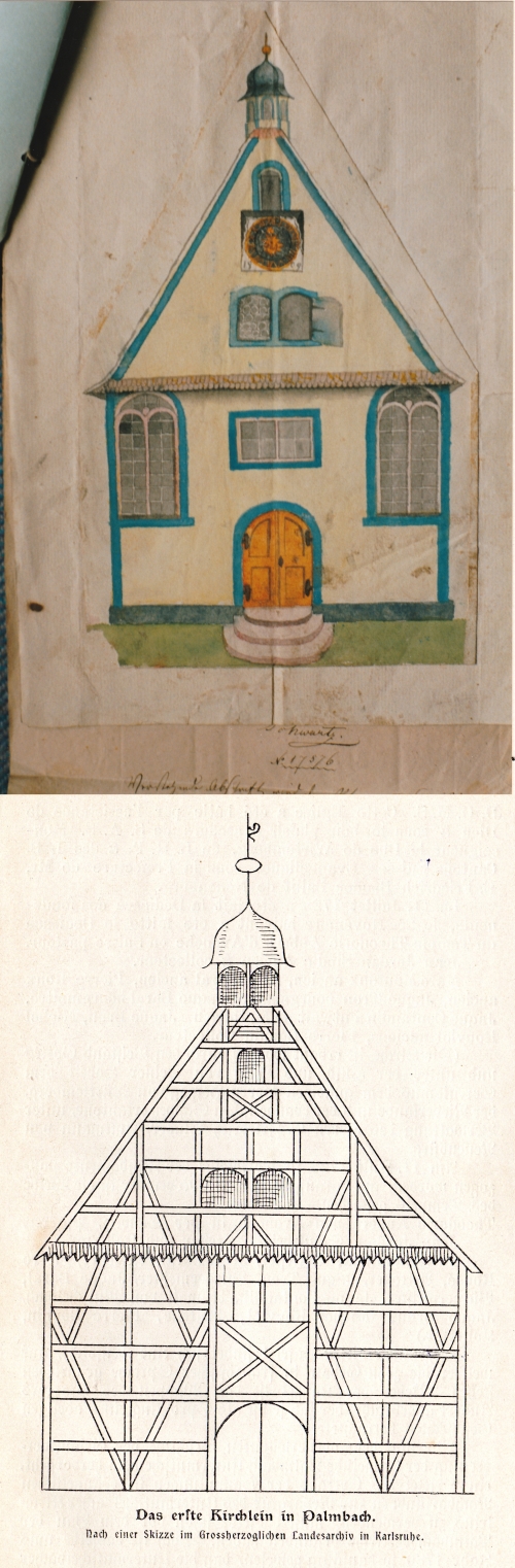 Waldenserkirche Palmbach. Erbaut 1725, im Originalzustand vor 1829, mit kleinem Turmaufsatz und Dachhaube.