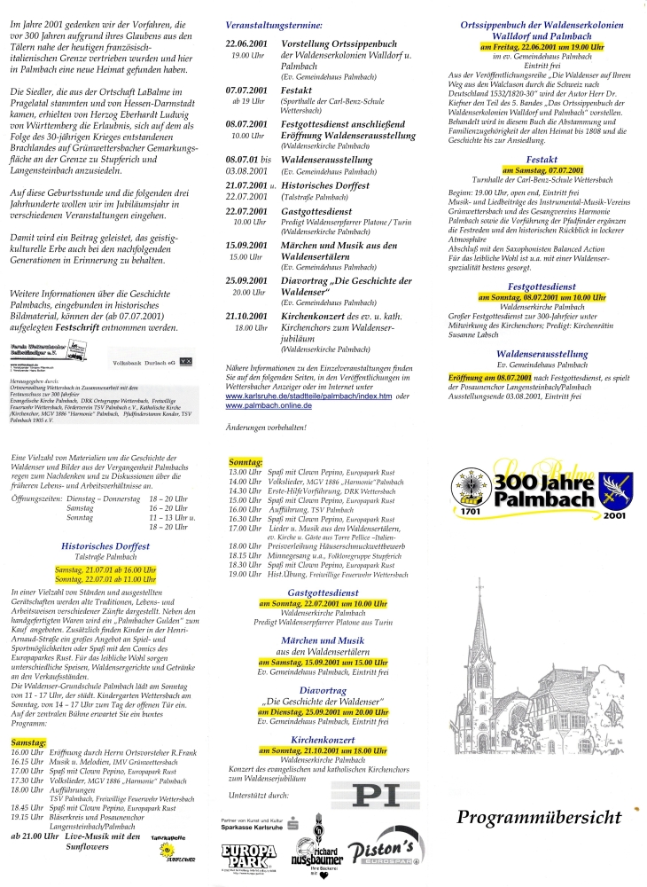 300 Jahre Palmbach- Jahresprogramm 2001 300 Jahre Palmbach- Jahresprogramm 2001