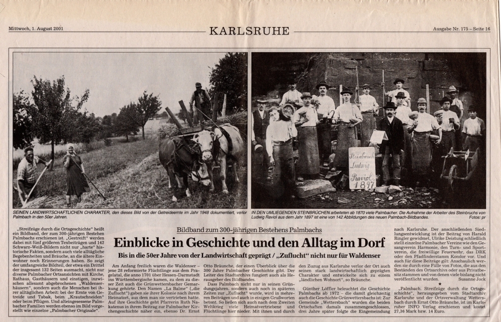 BNN-Bericht: Bildband zum 300-jährigen Bestehens von Palmbach erschienen Vom 01. August 2001 BNN-Bericht: Bildband zum 300-jährigen Bestehens von Palmbach erschienen Vom 01. August 2001