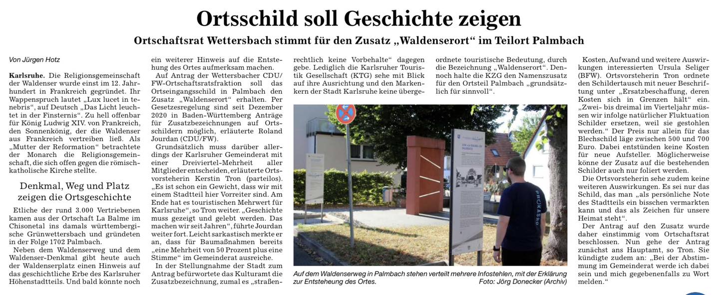 BNN-Bericht zur Beschluss des Ortschaftsrates "Waldenserort Palmbach" BNN-Bericht zur Beschluss des Ortschaftsrates "Waldenserort Palmbach"