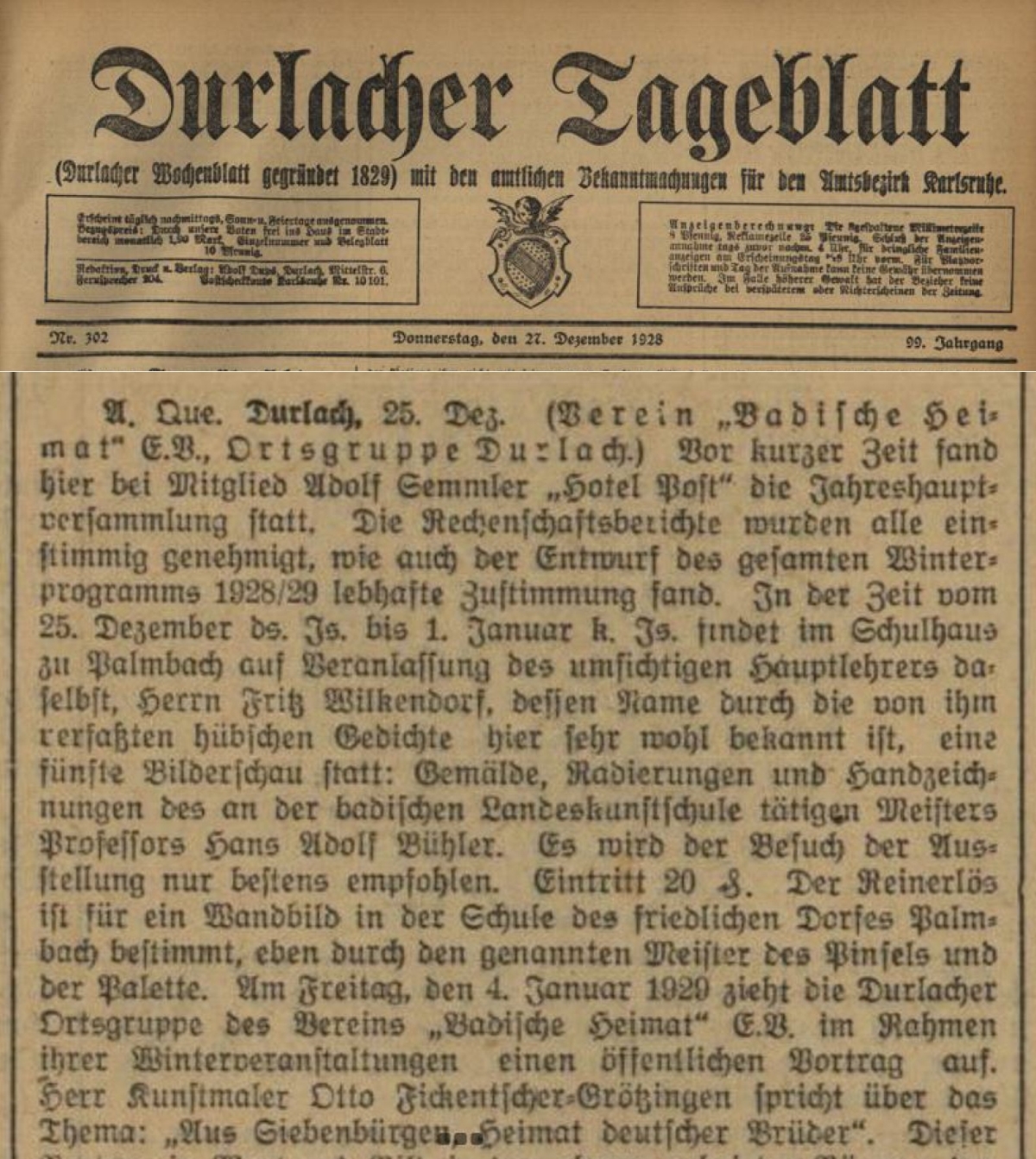 Durlacher Tagblatt 27.12.1928 Durlacher Tagblatt 27.12.1928