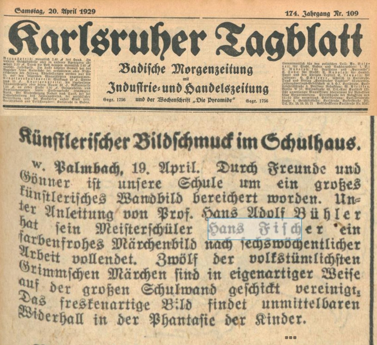 Karlsruher Tagblatt 20.04.1929 Karlsruher Tagblatt 20.04.1929