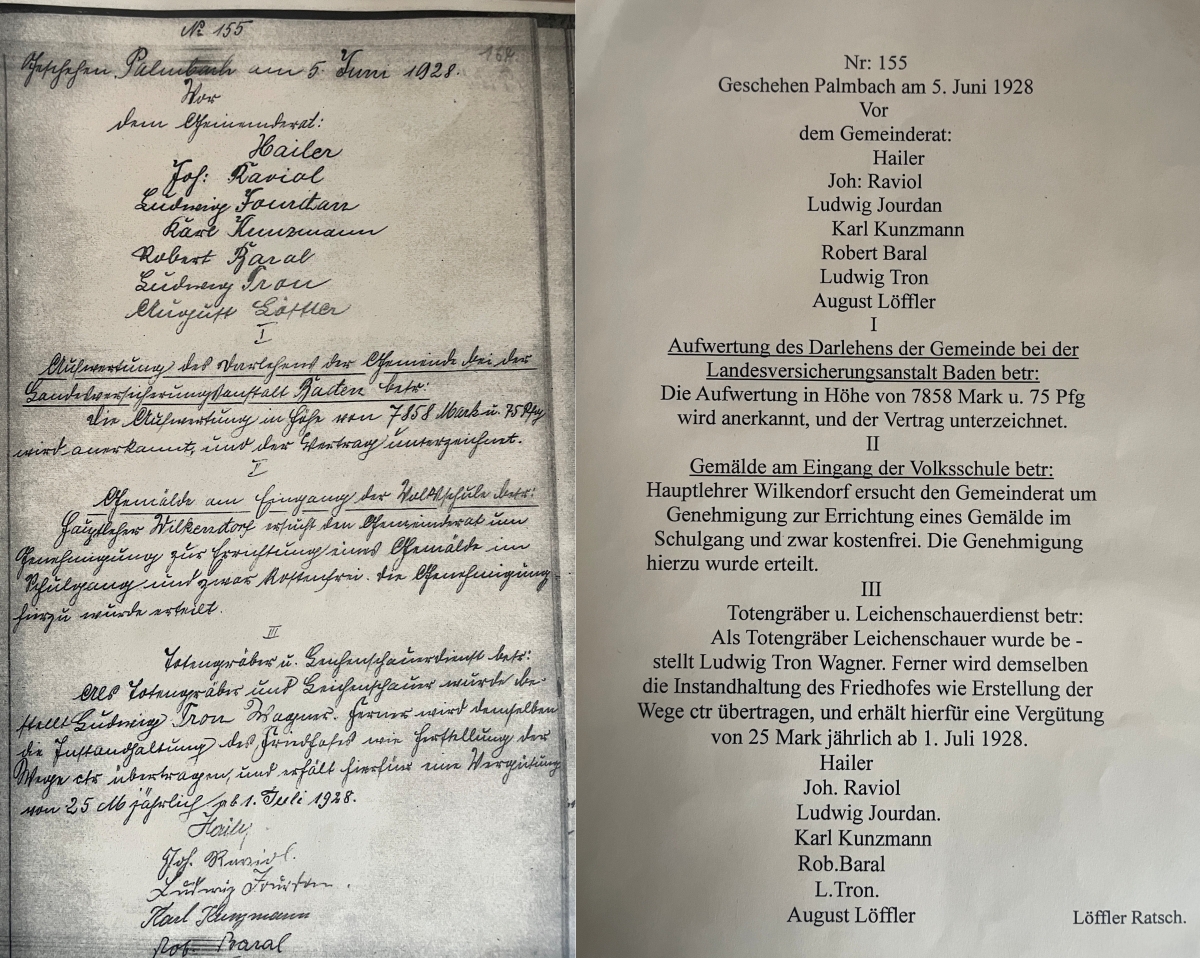 Protokoll der Gemeinderatssitzung am 05.06.1928 in Palmbach Protokoll der Gemeinderatssitzung am 05.06.1928 in Palmbach