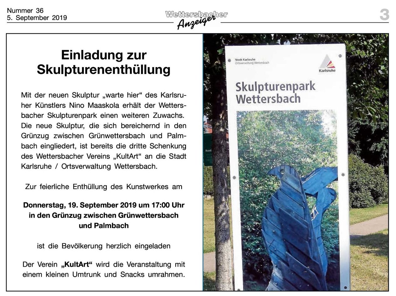 Die neue Skulptur "warte hier" des Karlsruher Künstlers Nino Maaskola wird am Donnerstag, 19. September 2019 um 17.00 Uhr enthüllt.