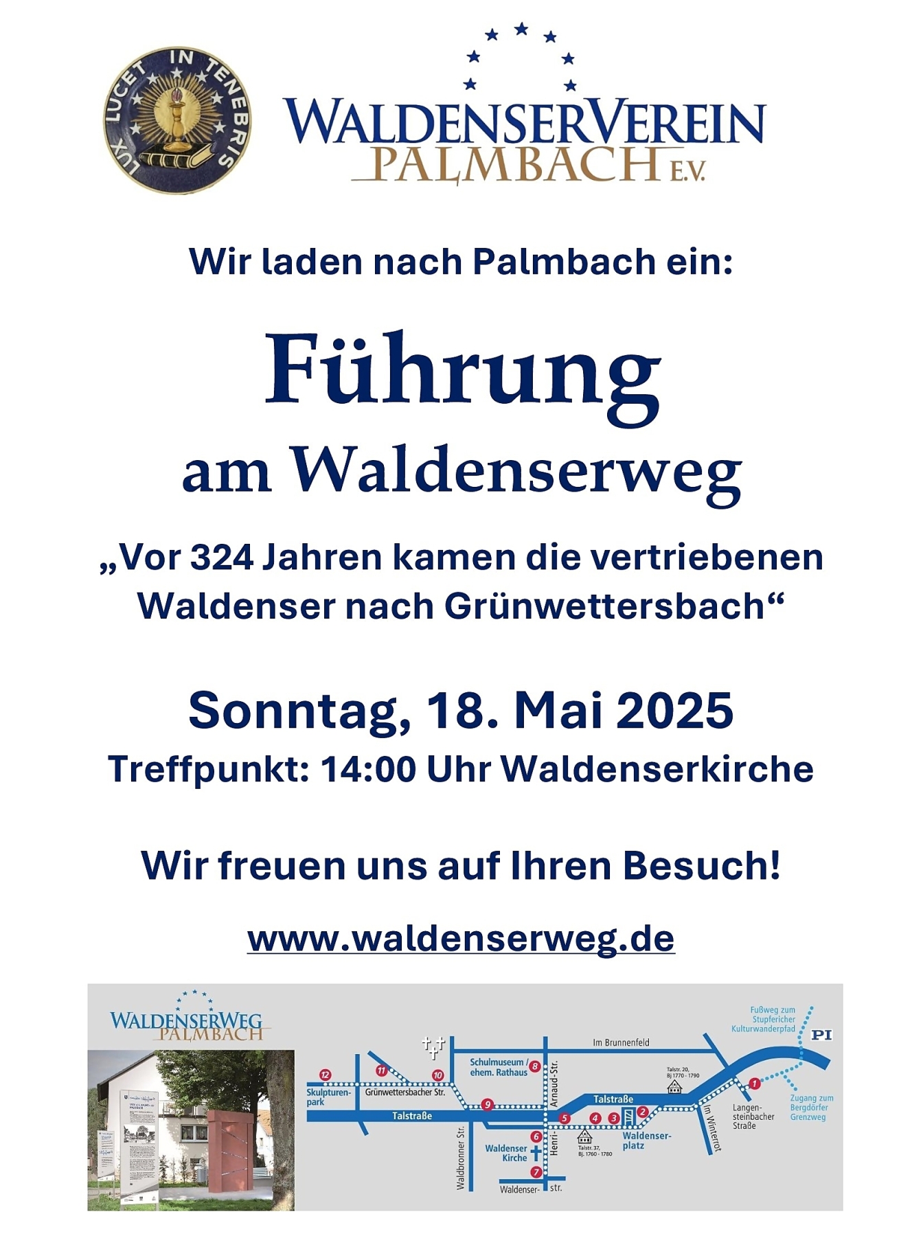 Einladung zur Führung am Waldenserweg am 18.05.2025. Wie die Waldenser vor 324 Jahren nach Grünwettersbach kamen. Einladung zur Führung am Waldenserweg am 18.05.2025. Wie die Waldenser vor 324 Jahren nach Grünwettersbach kamen.