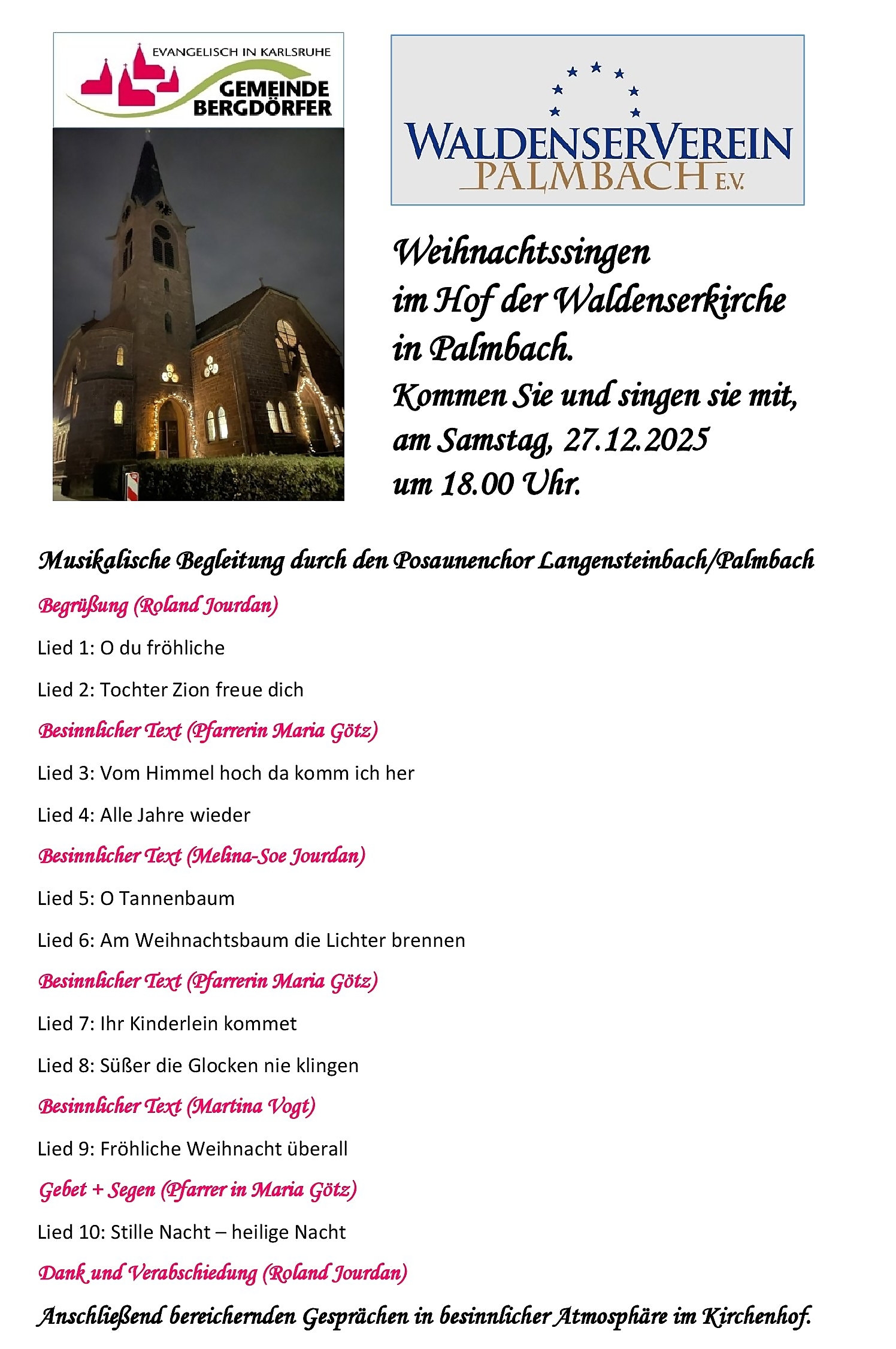 Programm Weihnachtssingen 2025 in Palmbach Programm Weihnachtssingen 2025 in Palmbach