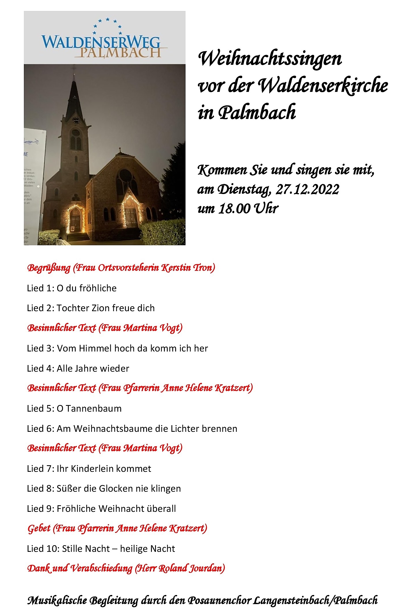 Programm Weihanchtssingen Palmbach 2022